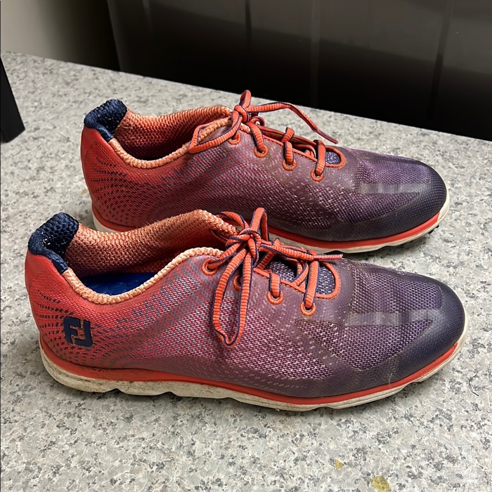 Women’s FootJoy Purple and Orange Athletic Golf Cleat Shoes with Breathable Mesh
